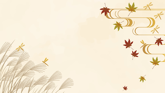 This is a Japanese-style watercolor background illustration frame featuring autumn leaves, silver grass, and dragonflies.