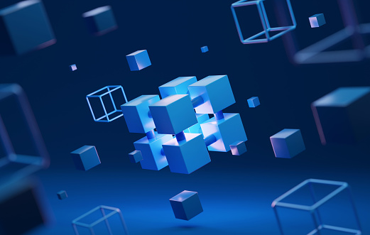 Interconnected digital block technology collected in a cubic. and broken down into smaller pieces on digital abstract background. 3d render illustration.