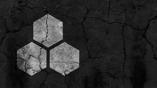 Horizontal vector illustration of black colored rustic graffiti wallpaper with three big solid hexagons painted in fading color. Apt for banners, posters , templates related science and technology.