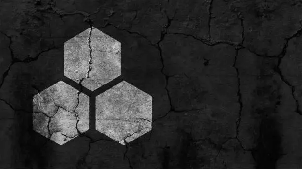 Vector illustration of Black coloured cracked weathered old rustic vector backgrounds with arrangement of three big solid faded white hexagon shapes in the left and ample copy space