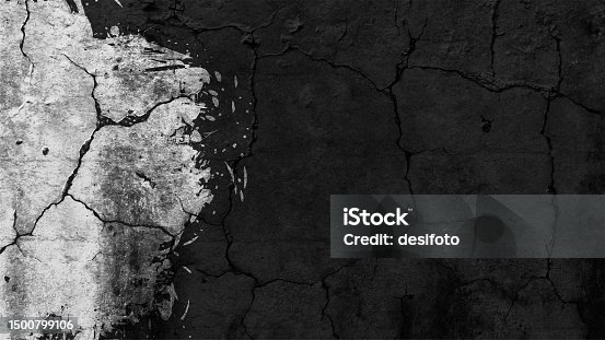 istock Dark grey and black colored grunge textured effect rough rustic texture over horizontal plain empty blank vector cracked clay background with a messy grayscale white paint splash on the left edge 1500799106