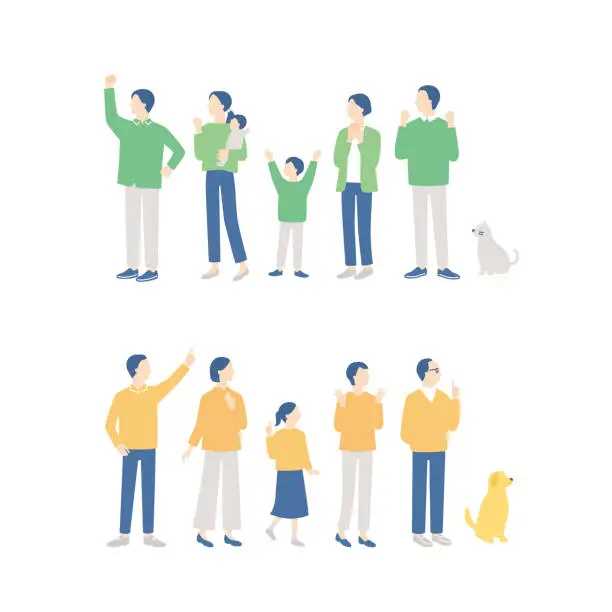 Vector illustration of Various happy families. Grandparents, parents, children, grandchildren and pet. simple full body illustration