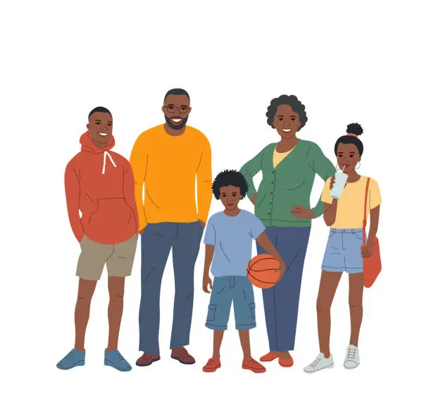 Vector illustration of Mother and father with children. Happy Black family isolated.