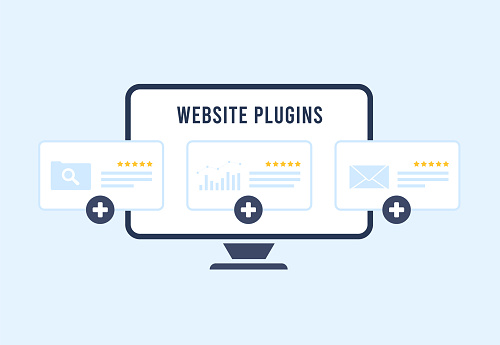 Website plugin concept - enhance ecommerce CMS with extensions and scripts. Improve digital marketing with SEO plugins and web developer extensions. Flat design vector illustration.