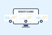 Website plugin concept - enhance ecommerce CMS with extensions. Improve digital marketing with SEO plugins and web developer extensions. Flat design vector illustration