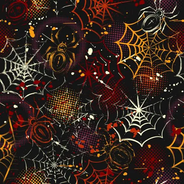 Vector illustration of Grunge pattern with spiders, spiderweb, halftone