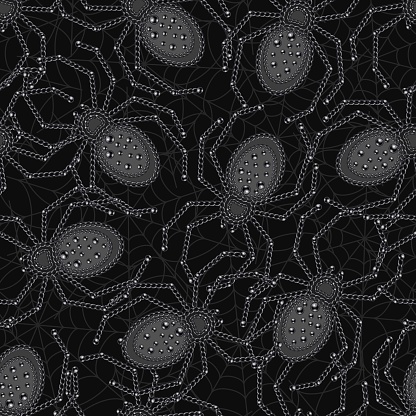 Seamless pattern with spiders made of metallic black chain, thin spiderweb behind. Gothic gloomy decoration for Halloween holiday. Random chaotic composition.