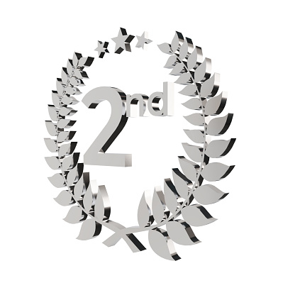 3d render silver laurel wreath with second number. the concept for the second place award in the ceremony event. 3d illustration