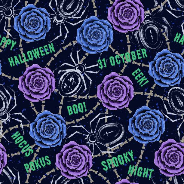 Halloween pattern with otherworldly blooming blue, violet vintage roses, grunge silhouette of spider, text, bones Seamless halloween pattern with otherworldly blooming blue, violet vintage roses, grunge silhouette of spider, text, bones Textured background with small abstract particles like dust Night pale colors blue rose against black background stock illustrations