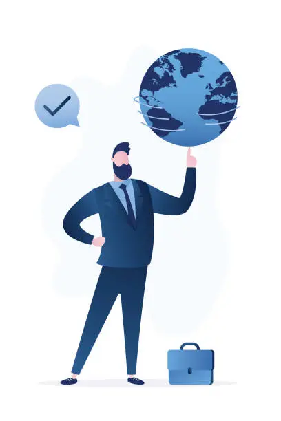 Vector illustration of Smart businessman spinning globe on finger. Global business or world economy, power to control the world, leadership, way to success in global network, franchise concept.