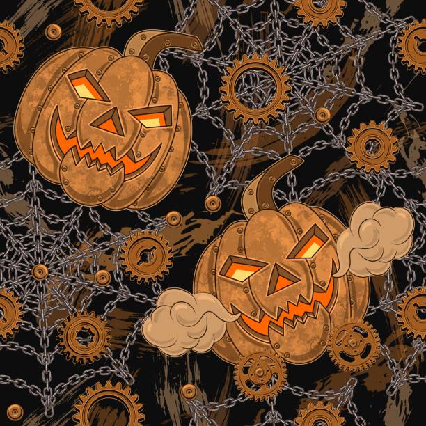 wzór halloween w stylu steampunk z dynią, zardzewiałymi zębatkami, stalowymi łańcuchami - copper backgrounds rusty textured stock illustrations