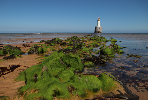 Coastal rocky shore with patterned formations and a calm sea as dusk settles