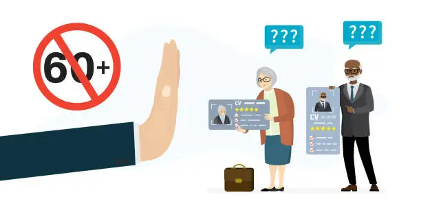 Vector illustration of Businessman hand with restrictive gesture. Red circle, stop - 60 plus. Elderly people holds resume. Age discrimination, ageism, racism. Job seekers after interview. Unemployment.