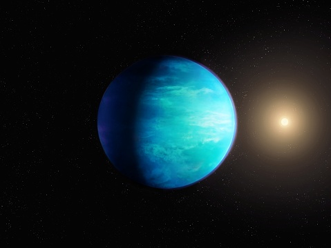 Super-Earth in the habitable zone of its star. Exoplanet in deep space. Distant planet with liquid water on the surface.