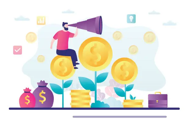 Vector illustration of Businessman sits on money tree and looks through spyglass. Global vision, choosing way to invest. Increasing profits and wise investment of savings