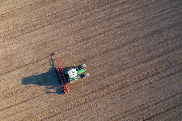 istock Agricultural tractor in field, top down view 1500811493
