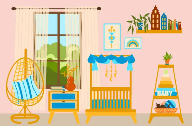 Vector illustration of Cute vector illustration of a cozy children's room with a crib, toys, a large window, and a rocking chair in boho style. Illustration in a flat hand-drawn style