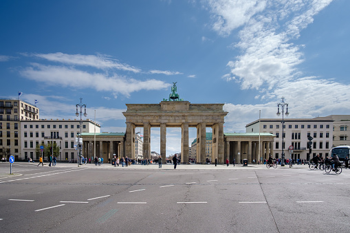 Berlin, Germany - April 18, 2023 : View of the Brandenburg Gate or Brandenburger Tor in Berlin Germany