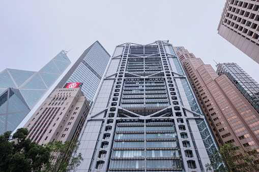 Hong Kong - April 24 2023: The HSBC Main Building, headquarters of The HSBC Limited in Central designed by Norman Foster