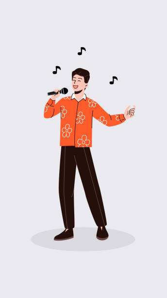 ilustrações de stock, clip art, desenhos animados e ícones de vector illustration of a smiling boy who sings. a man in stylish clothes speaks to the public. a character with a microphone in his hand performs a song. eurovision concept, music competitions. - singing singer teenager contest