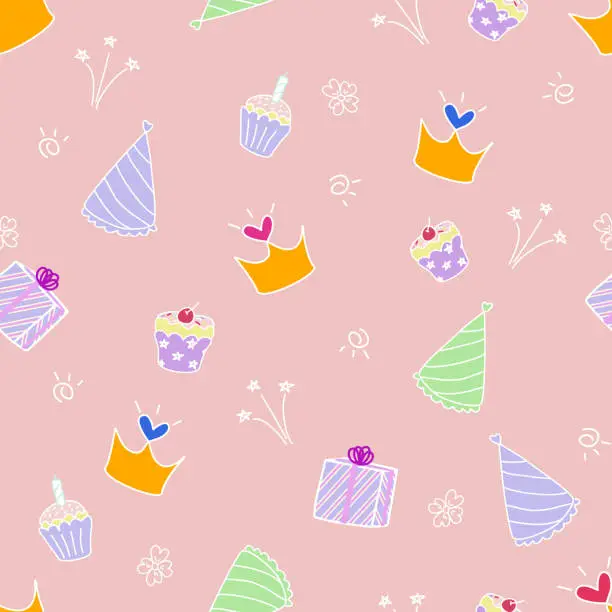 Vector illustration of Cute Cartoon seamless pattern party cake princess theme design.
