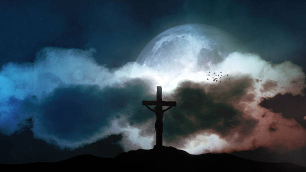 istock Holy Cross at night with big moon and birds 1500818115