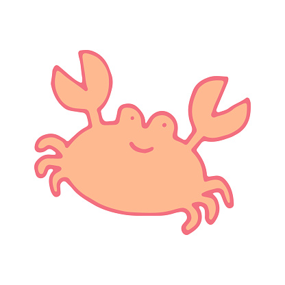 Cute smiling crab doodle cartoon hand drawn illustration, colorful editable crustacean creature character. Vector illustration