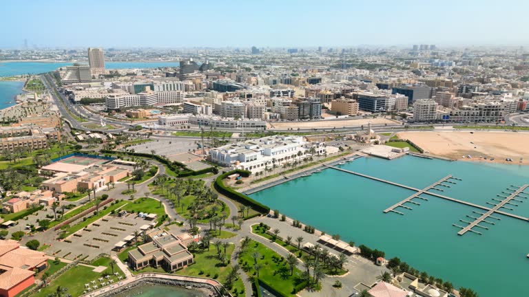 Jeddah, Saudi Arabia: Aerial view of coastal city and famous resort town, Al-Hamra Corniche area, Red Sea - landscape panorama of Arabian Peninsula from above