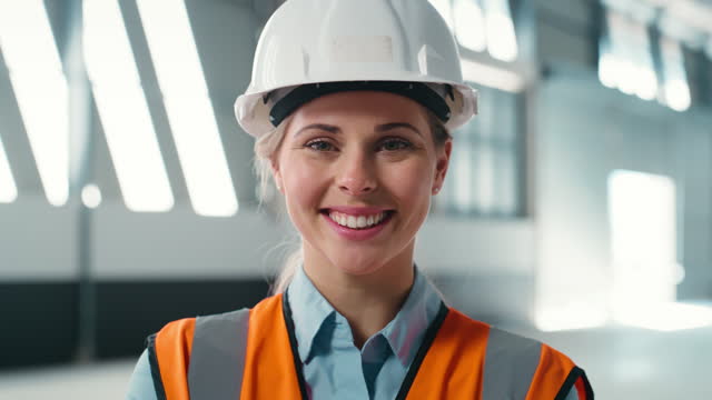 Face, engineer and happy woman with helmet in warehouse for manufacturing in industry. Portrait, smile of architect and engineering professional from Australia with hard hat in industrial building.