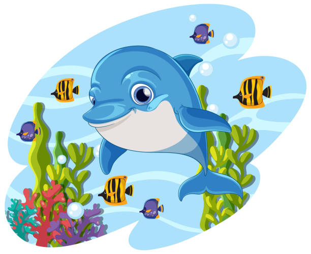 illustrazioni stock, clip art, cartoni animati e icone di tendenza di modello subacqueo delfino felice isolato - happy dolphin