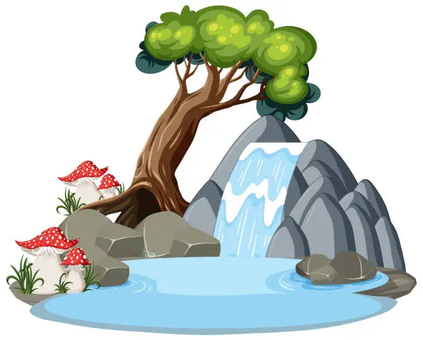 Vector illustration of Waterfall with Tree in Cartoon Style