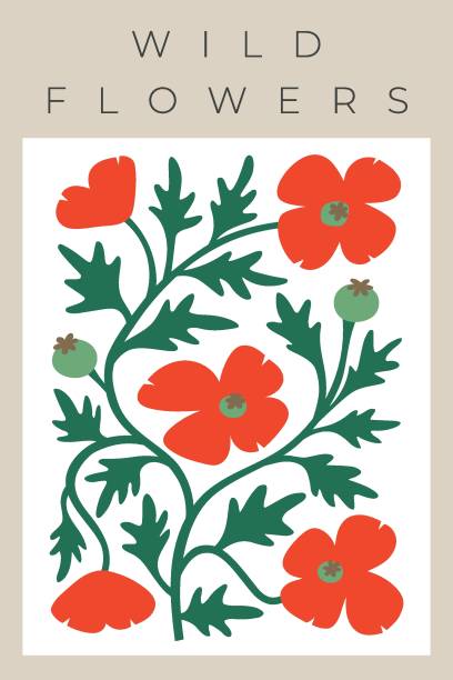 vektor-vintage-wanddruck mit blumen, mohnblumen, schachteln, blättern, abstrakten formen. helle wellen pflanze für briefmarke, banner, karte, poster. - red pattern poppy plant stock-grafiken, -clipart, -cartoons und -symbole