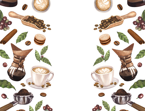Watercolor set frame of coffee elements collection. Hand-drawn illustration isolated on white background. Perfect concept for cafe, for cooking, restaurant banner, menu, flyer, brochure template