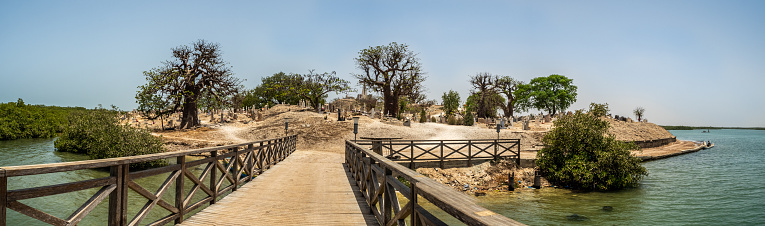 Joal-Fadiout, Senegal - May 9, 2023: Panoramic view of Mixed Muslim-Christian Cemetery.