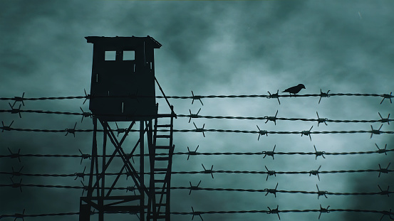 Prison fence with a bird and a watchtower. Image generated from real elements and composed in After Effects (CGI).