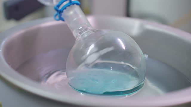Big round bottom flask containing unknown blue solution to separate in Laboratory rotary evaporator for  chemical preparation