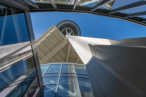 The Space Needle looking up through the entrance canopy, Seattle, Washington, USA