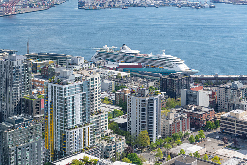 Cruise Liner docked in Seattle from the Space Needle looking east, Seattle, Washington, USA