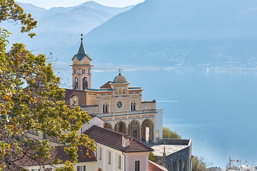 Aerial view of a beautiful monastery known as Madonna del Sasso in Locarno, Switzerland