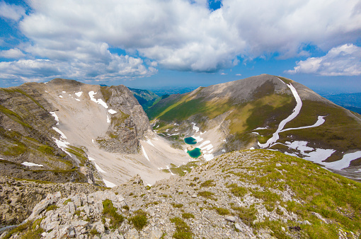 The landscape summit of Mount Redentore with Pilato lake, between the regions Umbria and Marche. One of the highest peaks of the Apennines, in Monti Sibillini