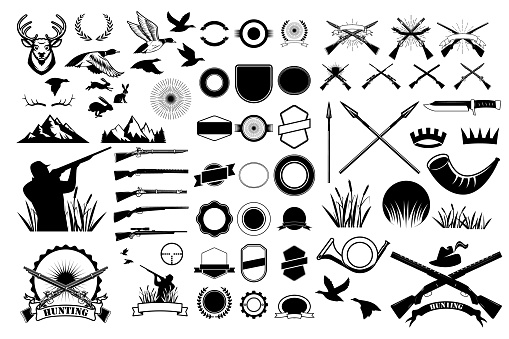 Set of hunting label and badges templates and design elements. Hunting emblem Generator. Design elements in vector.