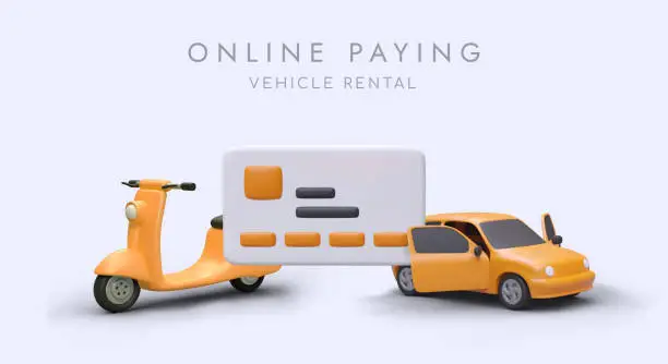 Vector illustration of Payment of vehicle rental online. Choosing car and electric scooter remotely