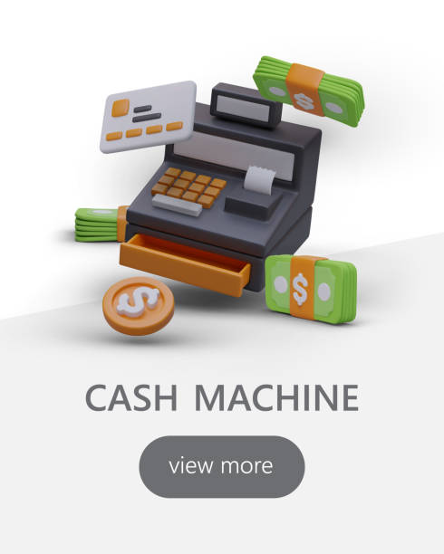 istock Vertical vector concept with 3D cash register. Shop equipment, check printing 1500828578