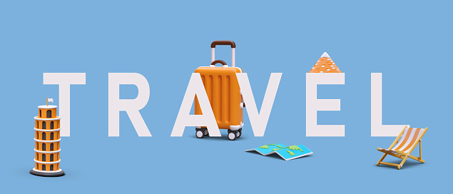 Advertising travel template on bright background. Poster with inscription, illustrations on theme of vacation. 3D pyramid, suitcase, map, folding chair, Leaning Tower of Pisa