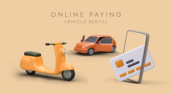Realistic 3d yellow scooter and orange car with open doors waiting for driver. Advertising poster for car rental company. Online paying concept. Vector illustration in cartoon style