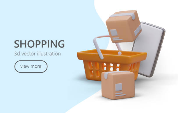 istock Creative web page with realistic orange cart, boxes and smartphone. Online shopping landing page 1500829160