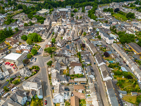 Aerial view over the town centre of Okehampton, Devon.