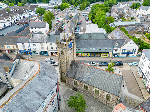 Aerial view over St James Chapel in Okehampton, Devon