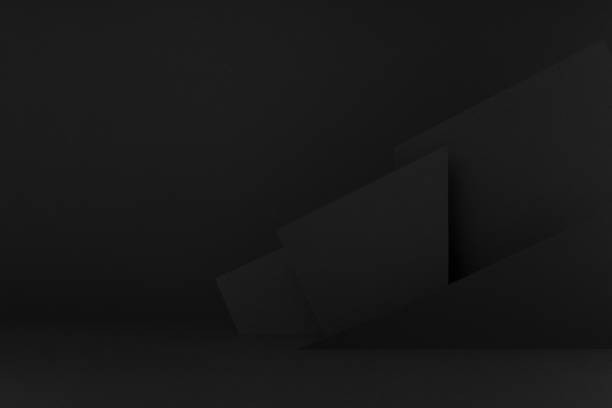 istock Exquisite black stage mockup with abstract geometric pattern of corners, angles, flat shapes, triangles as relief for presentation cosmetic products, goods, advertising, design in graphic style. 1500830719