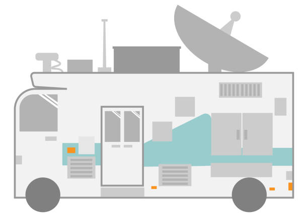 ilustrações, clipart, desenhos animados e ícones de ilustração de um carro de retransmissão, como uma estação de tv - apresentador do noticiário